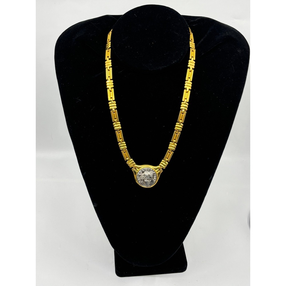Vintage ROM Medusa Coin Necklace Gold Silver Two Tone Articulated Link Statement